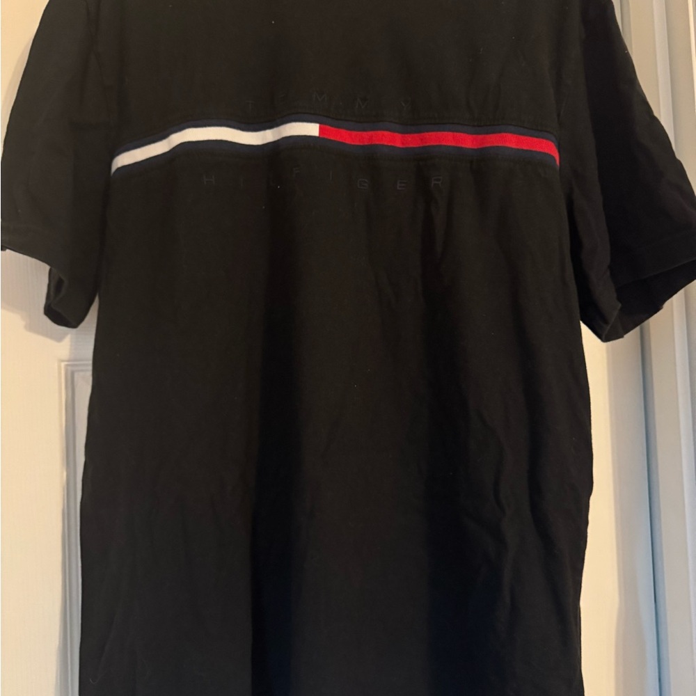 Tommy Hilfiger Men's Black Tee with Red and White Stripes